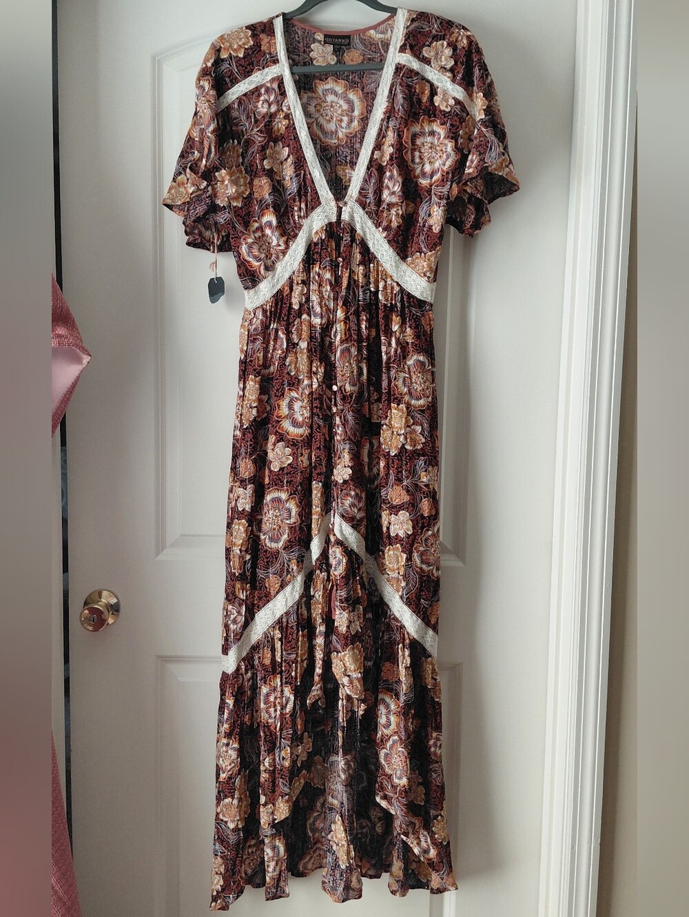 Shyanne Cowgirl Maxi Dress Brown Cream Crochet Trim Large